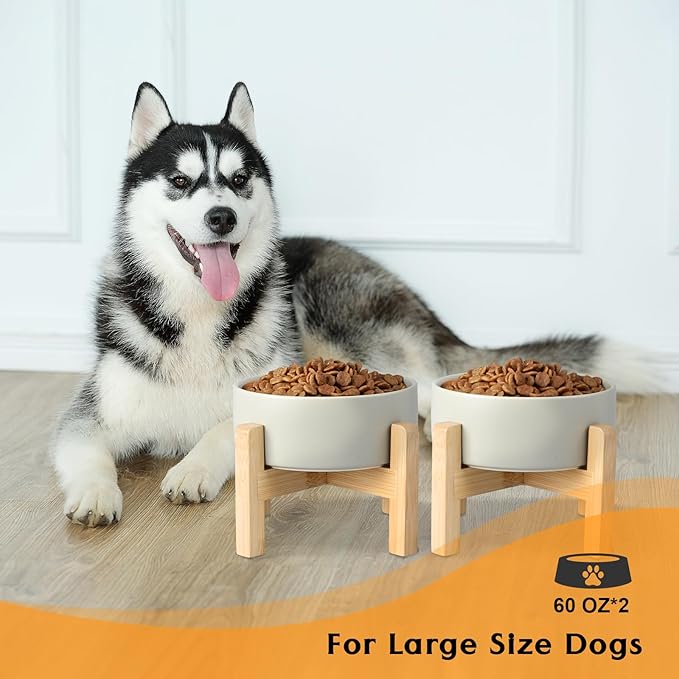 SPUNKYJUNKY Ceramic Elevated Dog Bowls 2 Pack - 8.3inch Raised Dog Bowls with Non-Slip Wooden Stand for Large Dogs Dishwasher Safe(Grey,60OZ*2)