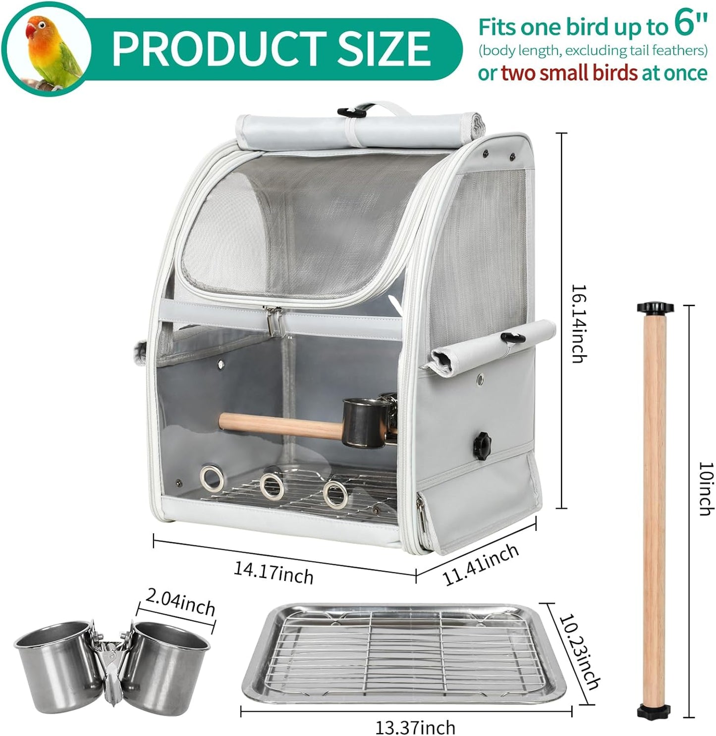 Bird Carrier Bag, Bird Travel Cage with Standing Perch and Indestructible Stainless Steel Mesh, Protable Transparent Breathable Carrier with Feeder Cups for Small Birds Parrot Parakeet, Grey