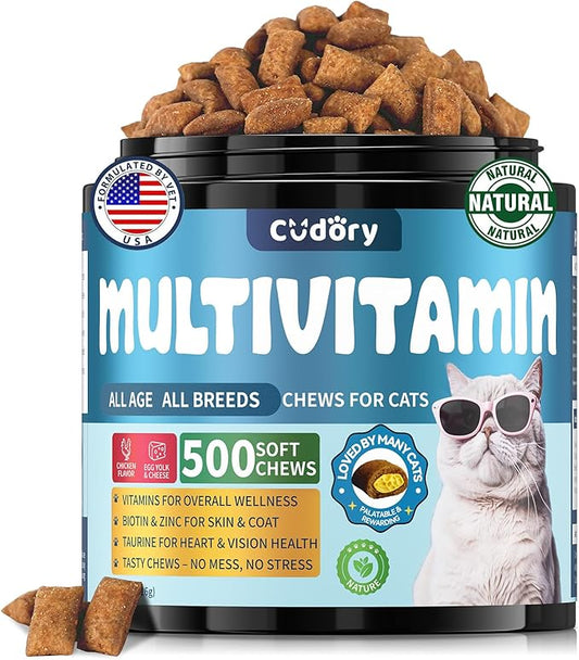 Cat Multivitamin, Crunchy & Creamy Cheese Chew– Supports Energy and Skin & Coat – with Taurine, B-Complex, Zinc Methionine & Selenium Yeast – Daily Health Supplement for Cats of All Ages (500 Chew)