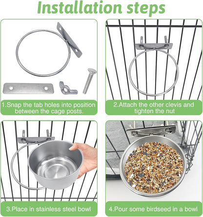 Tfwadmx 4 Pcs Stainless Steel Bird Bowls with Clamp,Clamp Holder Coop Cup,Bird Dishes for Cage, Cage Water Bowl for Cockatiels Lovebird Budgie Chinchilla