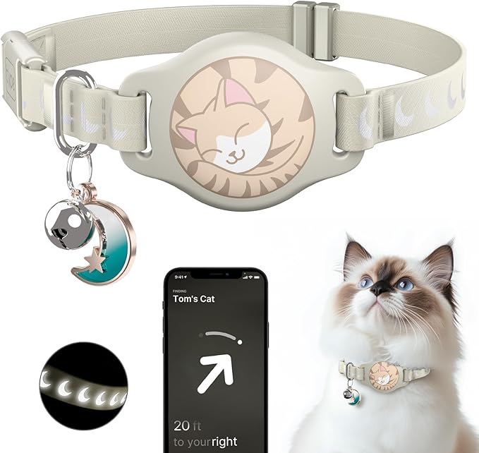 Cat Collar with Airtag Holder, Breakaway Airtag Cat Collar for Apple Air Tag with Luminous & Reflective Pattern, Waterproof GPS Cat Tracker Collars for Boy Girl Cats Kittens with Bell, Khaki (8-12")