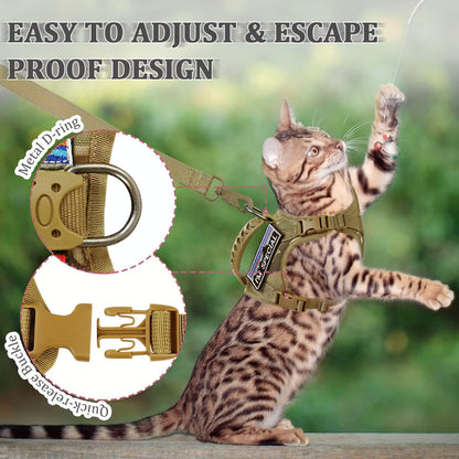Tactical Cat Harness and Leash for Walking Esacpe Proof,Adjustable Soft Mesh Large Cat Vest with Rubber Handle Easy to Control,Molle Patches