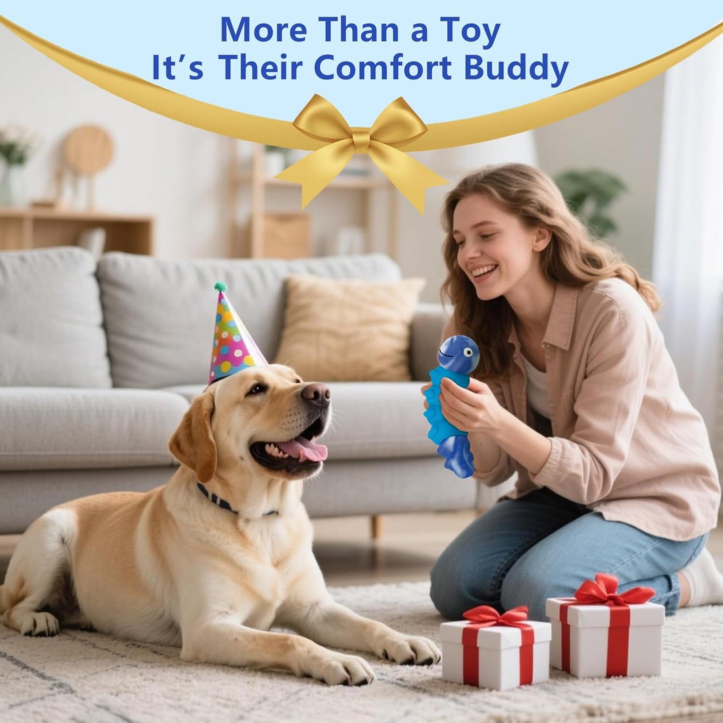 Caterpillar Dog Chew Toys for Aggressive Chewers, Tough Indestructible Squeaky Dog Toy with Beef Flavor Nylon Rubber for Large Medium Dogs to Keep Them Busy and Reduce Boredom (Blue)