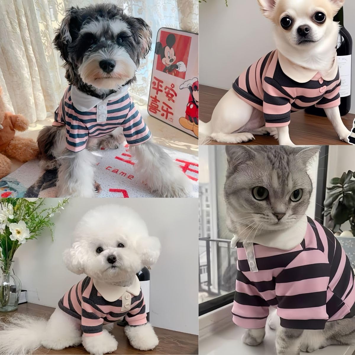 MANON ROSA Cute Dog Clothes Boy Dog Polo Shirt for Small Medium Dogs - Summer Male Puppy T Shirts for Yorkie Poodle Shih Tzu Dachshund Kittens, Striped Collared Pet Doggie Designer Outfits Pink L
