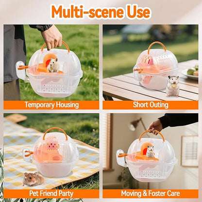 Carrier Cage for Hamster Portable,Lightweight Hamster Travel Carrier with Exercise Wheel Water Bottle,Plastic Small Rat Travel Cage Breathable Orange Outdoor Pet Case for Little Rats Mice