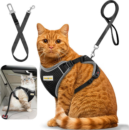 Cat Harness and Leash for Walking, Retractable Cat Harnesses and Leash Set Escape Proof, Breathable Soft Kitten Small Large Harness for Travel Training and Walking, Black, M