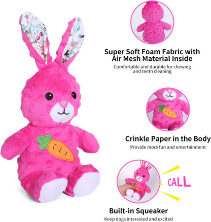 DODODOLA Dog Toys Stuffed Dog Toy with Crinkle Paper Cute Rabbit Plush Bunny Squeaky Dog Easter Toys Dog Chew Toys for Medium Large Breed