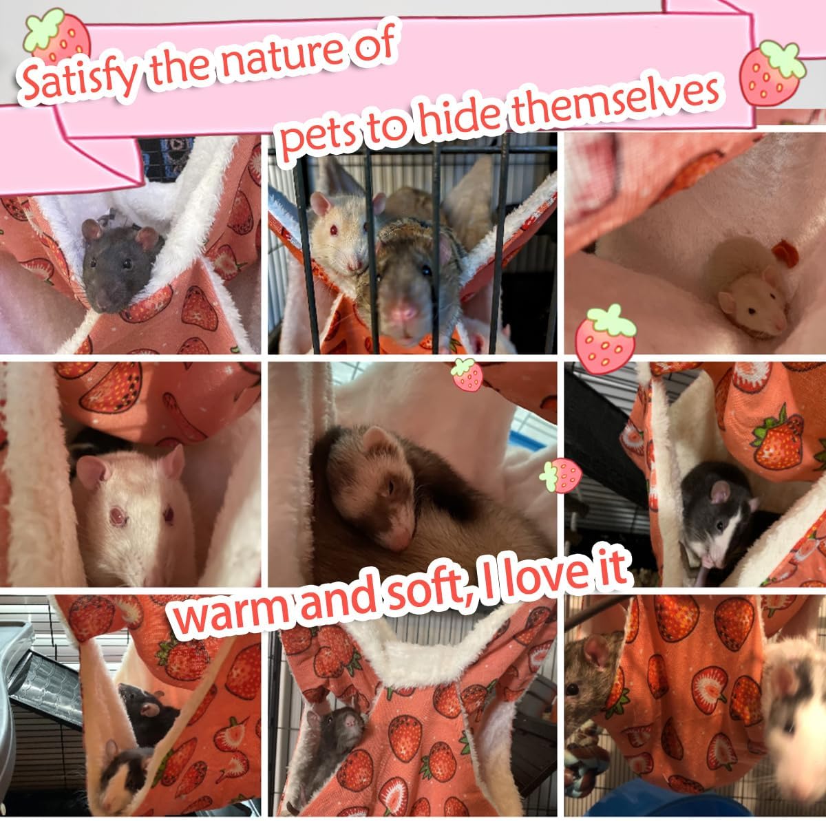 LEFTSTARER Rat Ferret Hammock Toy and Cage Accessories for Guinea Pig Hamster Rat Sugar Glider Ferret Parrot to Hide Sleep Play (Strawberry)