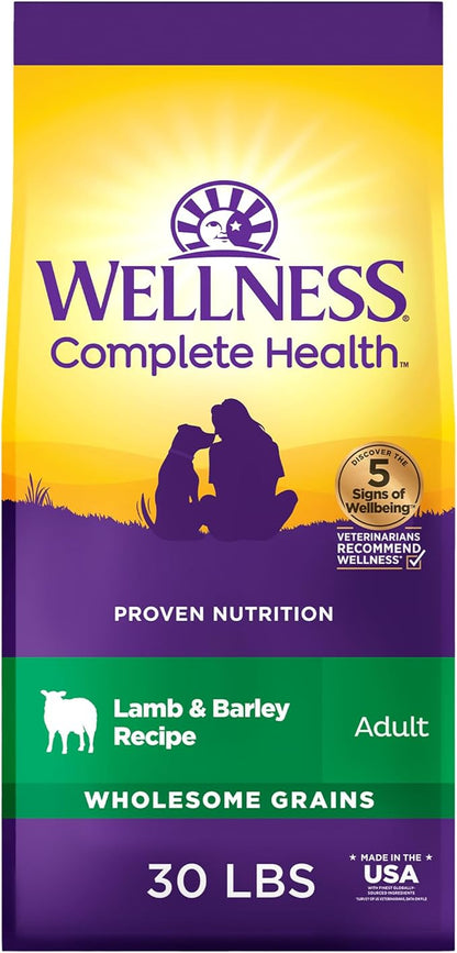 Wellness Complete Health Dry Dog Food with Grains, Made in USA with Real Meat & Natural Ingredients, All Breeds, Adult Dogs (Lamb & Barley, 30-lb) – With Nutrients for Immune, Skin, & Coat Support,