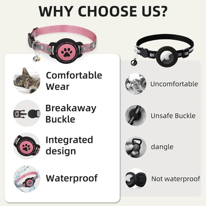 Waterproof Airtag Cat Collar, Reflective With Bell, Breakaway Holder, Lightweight for Apple Air Tag, GPS Collars for Girl Boy Cats, Kitten (Pink)