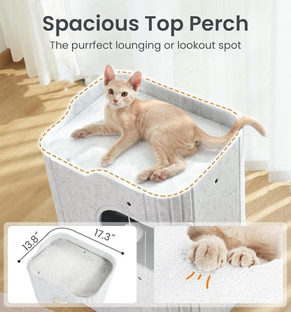 Made4Pets Cat House for Indoor Use, 2-Storey Cube Bed Cave, Covered Hideaway Condo with Scratch-Resistant Felt, Foldable Easy-to-Clean Design for Multi-Cat Homes, Marble White