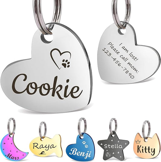 Anavia Small Size Dog Cat ID Tags, Small/XS Personalized Color Plated Stainless Steel Puppy Kitten Name Tags, Customized Engraved Nameplate Pet Collar Tag (Silver, Heart)