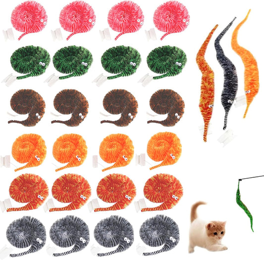 24 PCS Cat Worm Toy Zebra Print Feather Worm Teaser Refills Attachment Cute Cat Wand Replacement Interactive Wand Accessories for Fishing Pole Toy Teaser for Indoor Cats Kitten