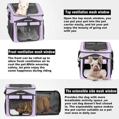 BARKBAY Dog Bike Basket Carrier, Expandable Foldable Soft-Sided Dog Carrier, 2 Open Doors, 5 Reflective Tapes, Pet Travel Bag,Dog Backpack Carrier Safe and Easy for Small Medium Cats and Dogs(Purple)