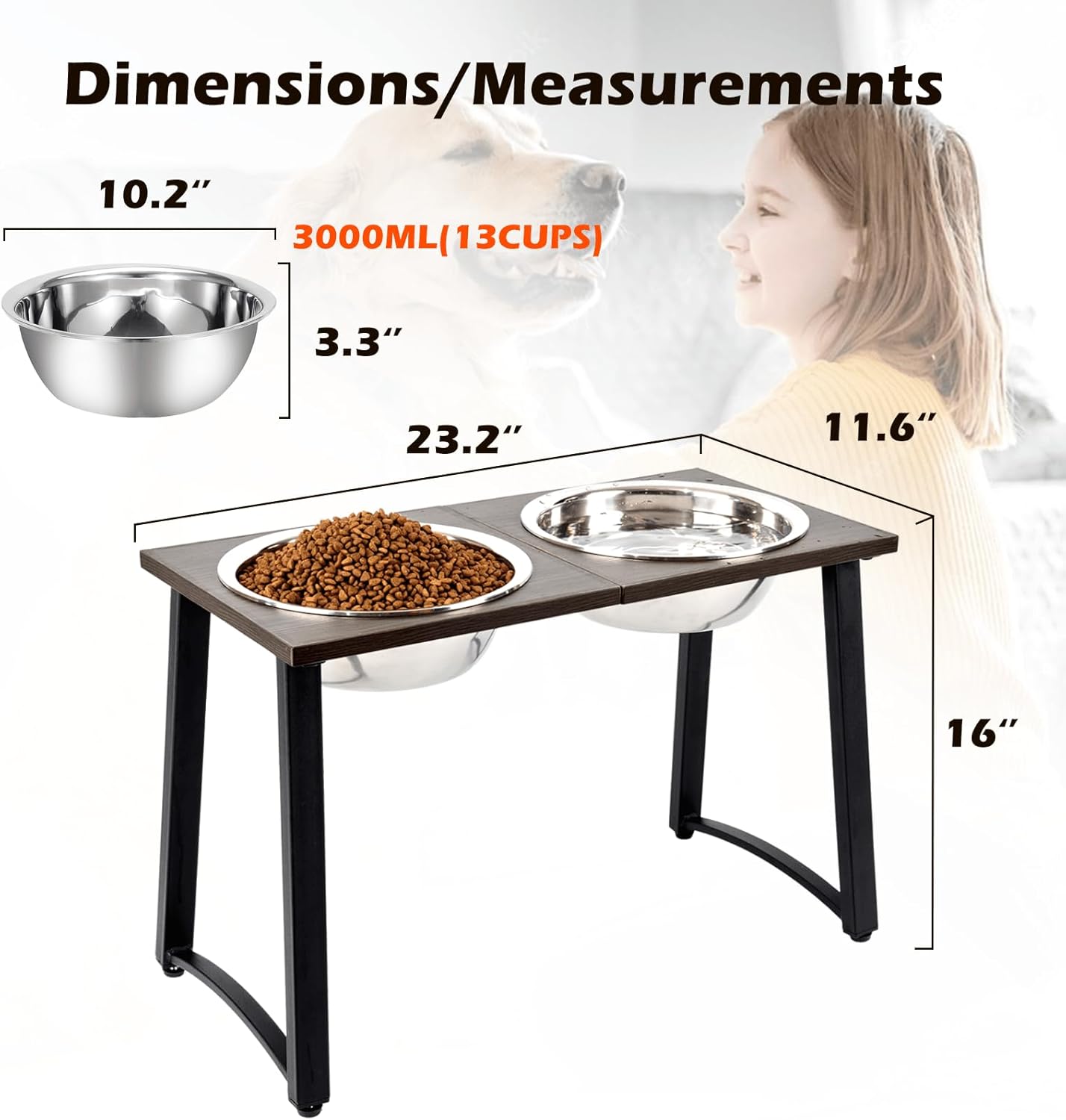 Elevated Dog Bowls for X-Large & Large Dogs, 16” Tall Raised Feeder Stand with 2×3000ML Stainless Steel Bowls and Slow Feeder, Heavy-Duty Dog Food & Water Bowl Set
