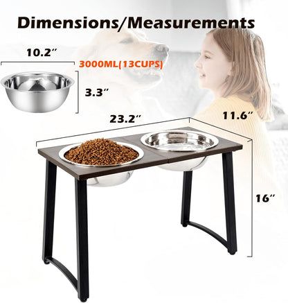Elevated Dog Bowls for X-Large & Large Dogs, 16” Tall Raised Feeder Stand with 2×3000ML Stainless Steel Bowls and Slow Feeder, Heavy-Duty Dog Food & Water Bowl Set