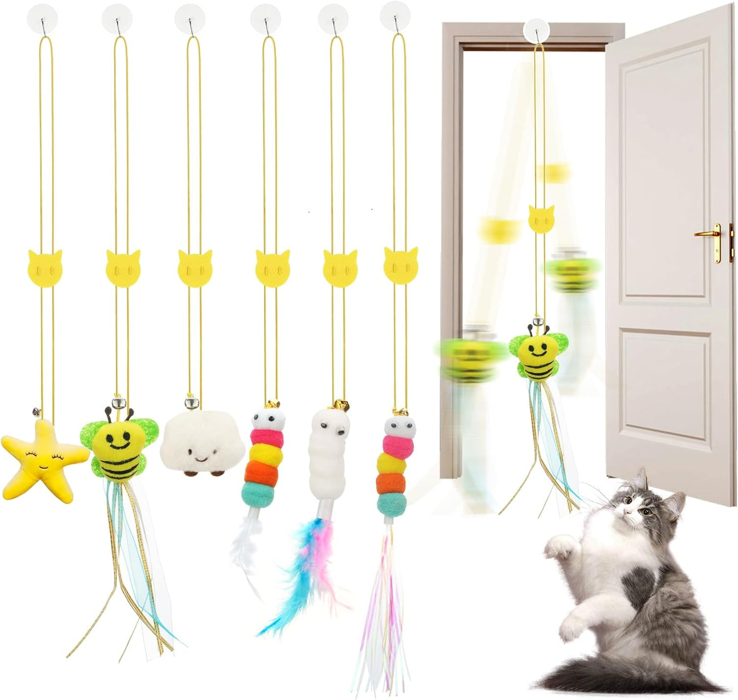 6 PCS Interactive Cat Feather Toys, Indoor Hanging Retractable Cat Toy, Self Play Toys Make Fun Excecise