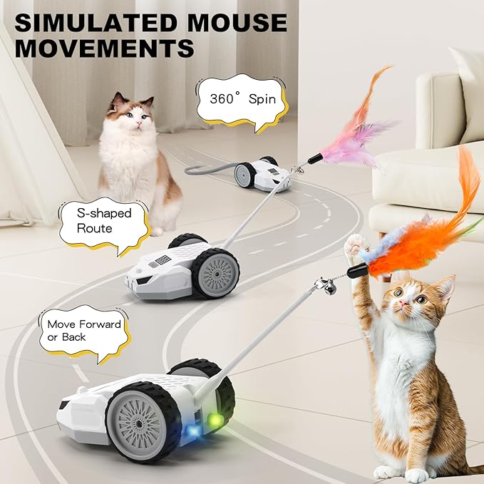 Interactive Cat Toys for Indoor Cats - Smart Moving Electric Mouse with Remote Control, Feather Tail, and Rechargeable Battery - Automatic Play for Bored Kittens & Adult Cats & Daily Exercise