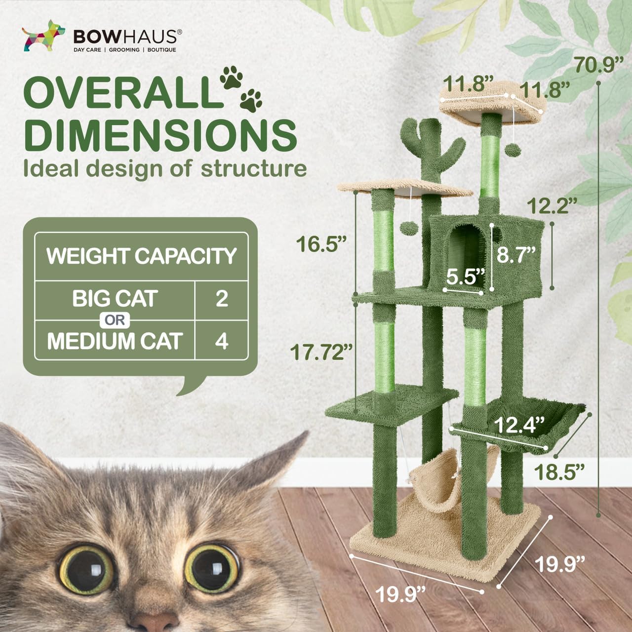 CAPHAUS Cactus Cat Tree for Indoor Cats, Cute 70-Inch Cat Climbing Play Tower with Top Perch for Large Cats Kittens, Multi-Level Cat Activity Tree with Scratching Posts, Hammock, Cat Cave Condo