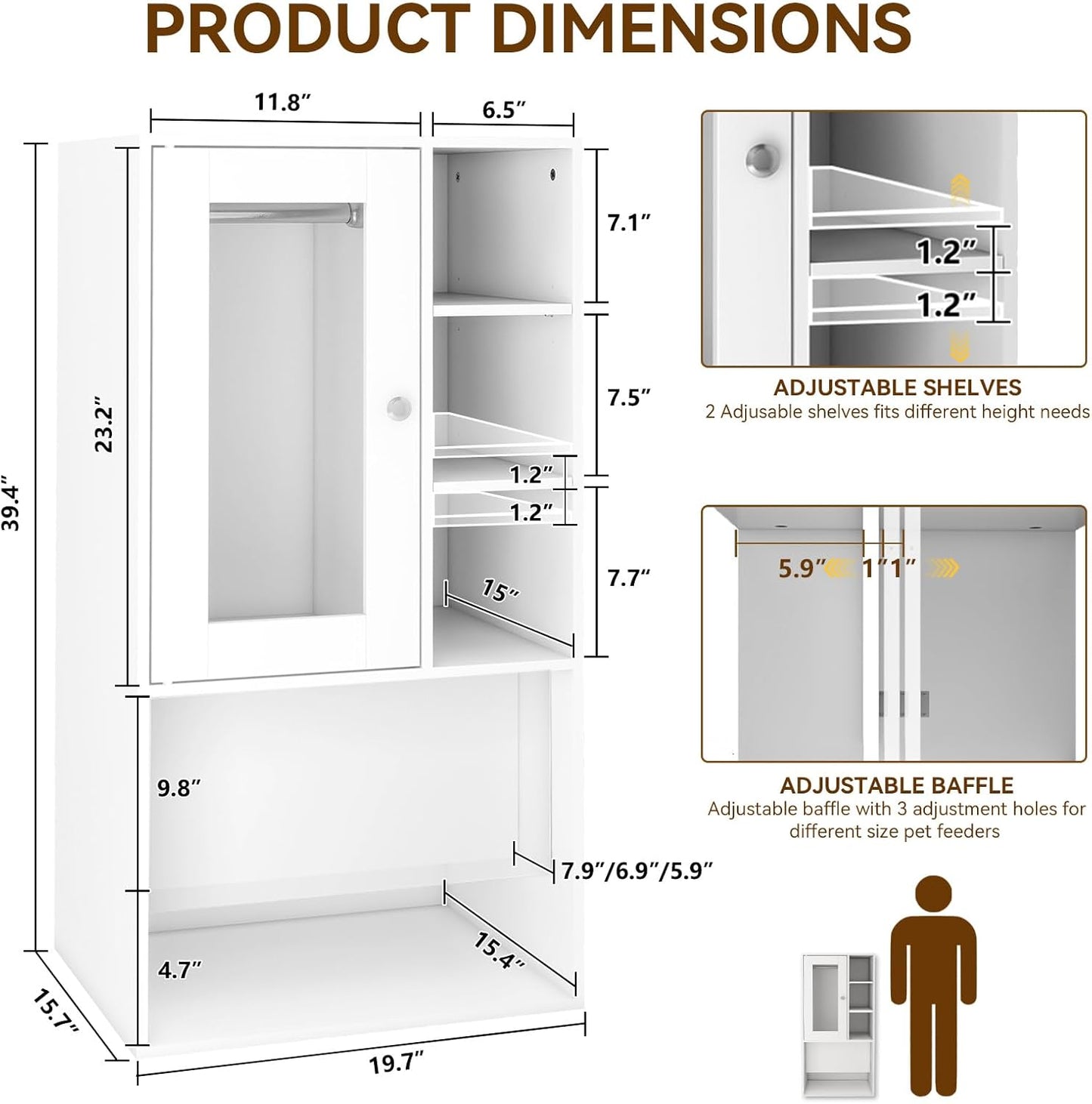 YU YUSING Dog Feeding Station for Automatic Feeder, Dog & Cat Food Storage Cabinet with Hanging Rods, Adjustable Panel, Hidden Automatic Pet Feeder Station for Food and Pet Supplies