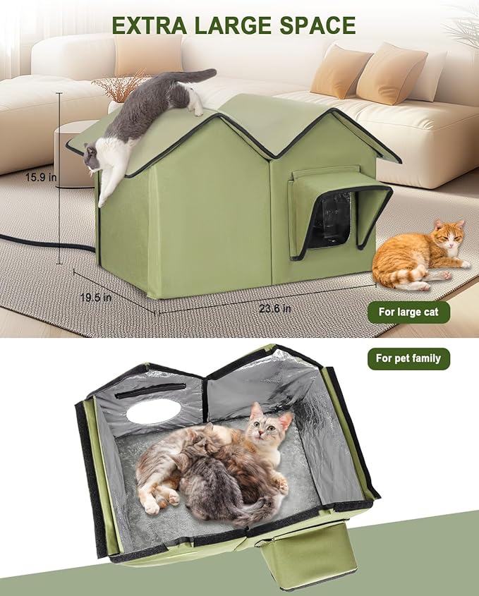 Heated Cat House for Outside, Large Elevated Waterproof Outdoor Cat House Weatherproof with Escape Doors and Heating Pad for Winter, Sturdy Insulated Outdoor Cat Shelter for Multiple Cats, Green