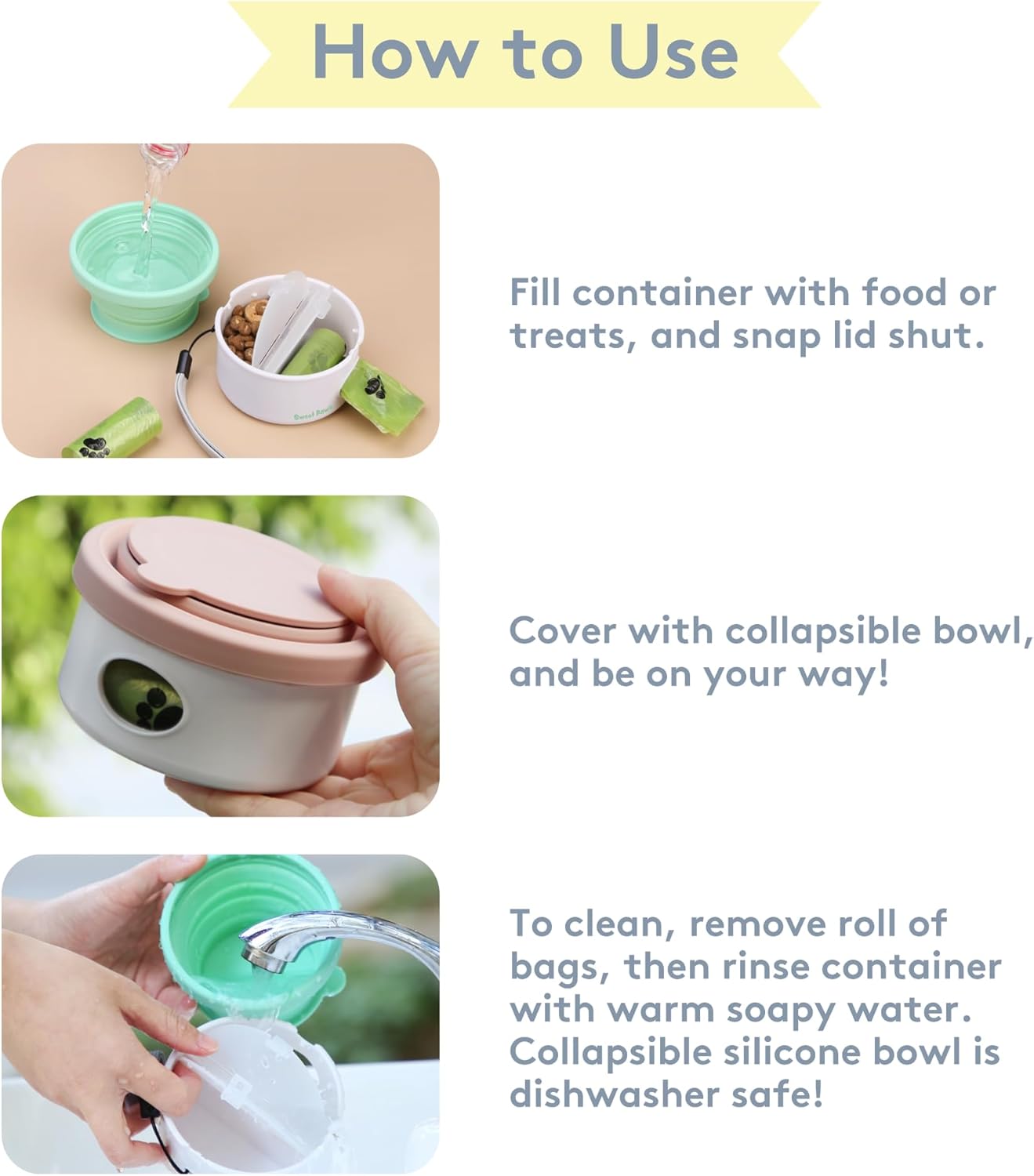 Sweet Paws Travel Hero 3-in-1 Portable Pet Food Container, Silicone Water Bowl, and Poop Bag Dispenser in One, Lavender Cream