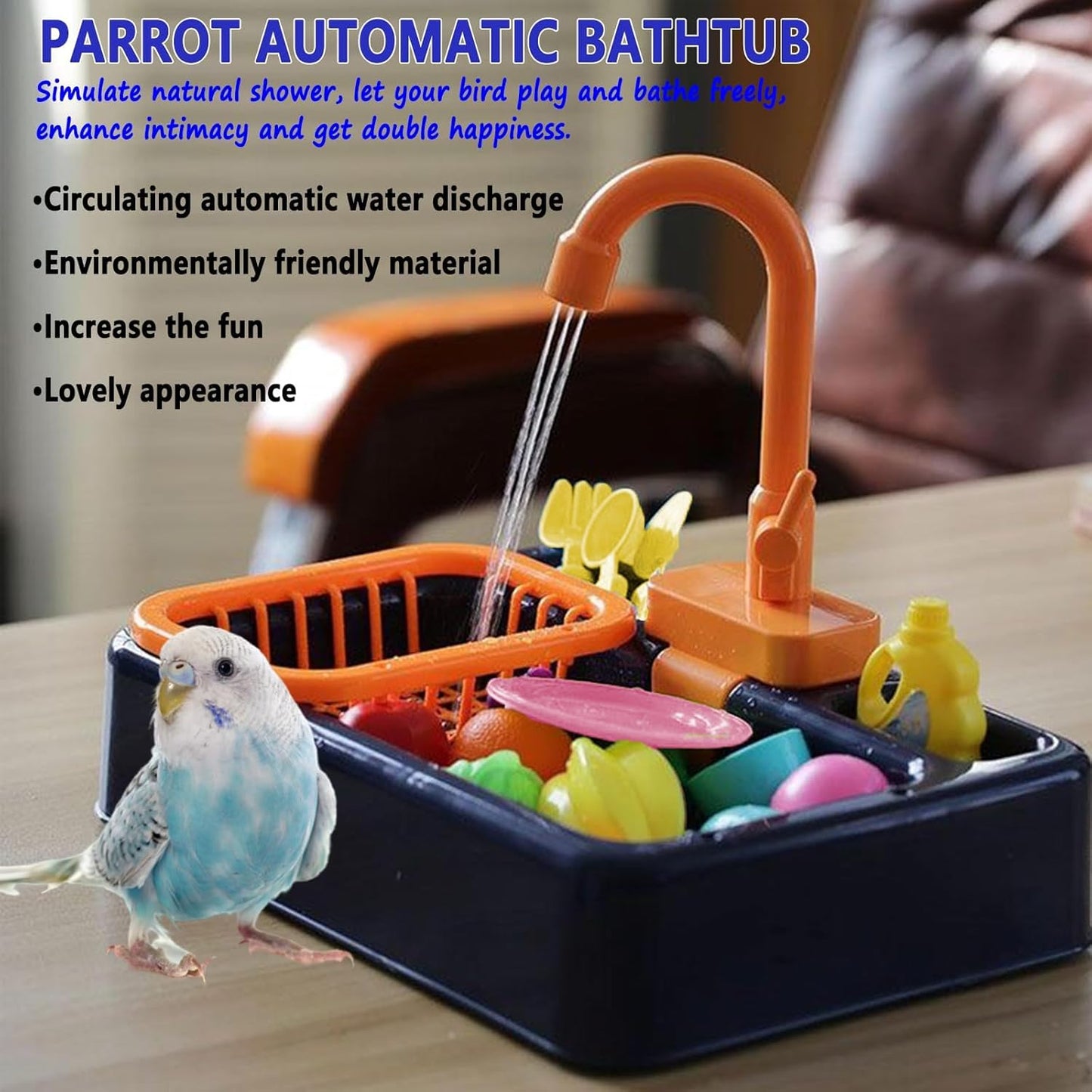 kathson Parrot Bathtub,Automatic Bird Shower Box,Multifunctional Parakeet Bathtub with Faucet,Bird Bathing Tub Pool Toy for Small Medium Birds Cockatiel Lovebird Budgie（Sapphire Blue）