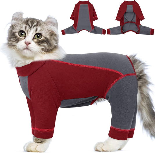 SUNFURA Hair Sticky Cat Clothes, Cat Sweater for Cats Only, 4-Legged Fleece Sweaters Kitten Pajamas Reduce Shedding Fur, Warm Pullover Shirts for Cats, Red L