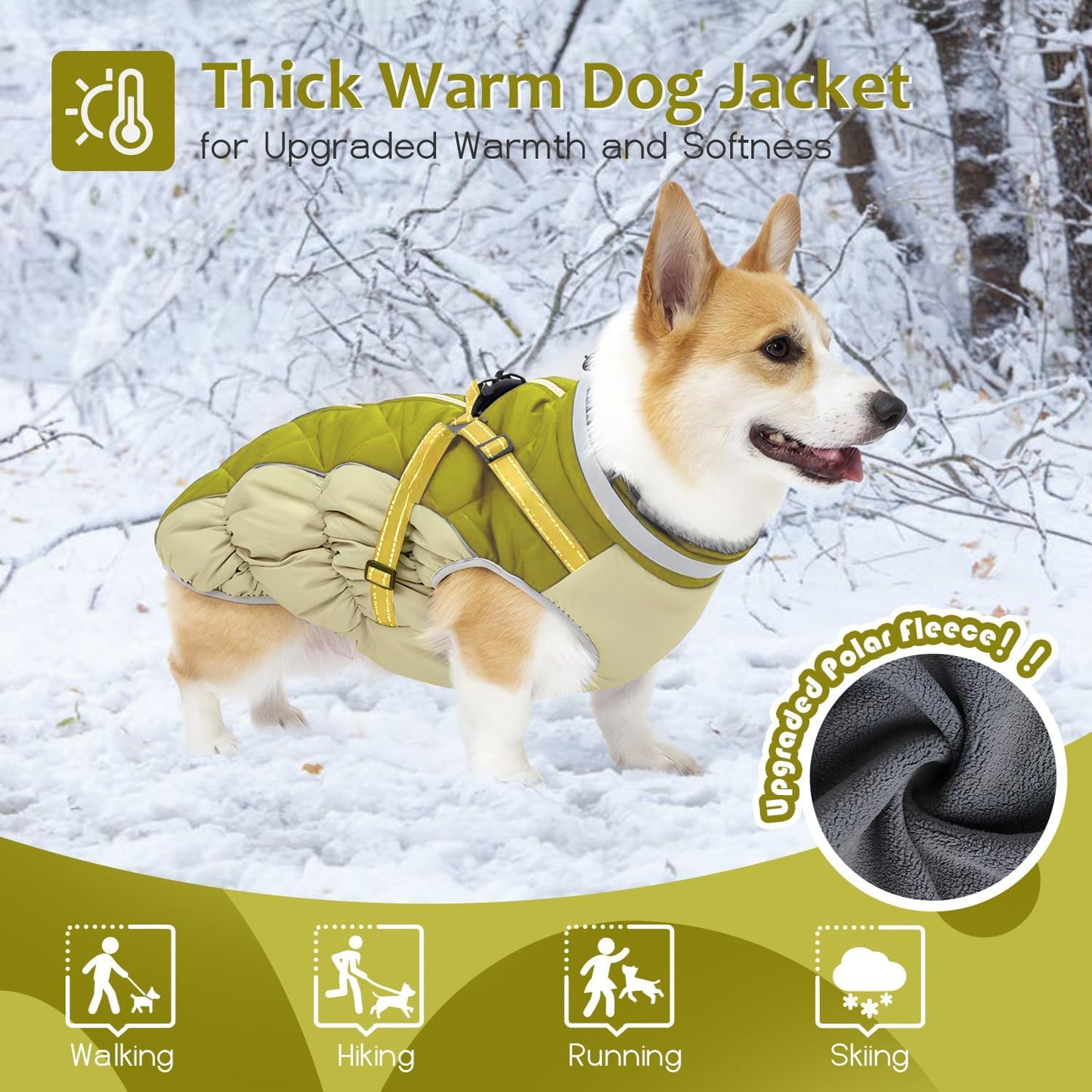 Dog Winter Coat with Harness, Dog Jacket, Pet Clothes with Zipper on Back, Waterproof Windproof Warm Vest, Reflective Cold Weather Coats, for Small Medium Large Dogs, Thick, Green, XS