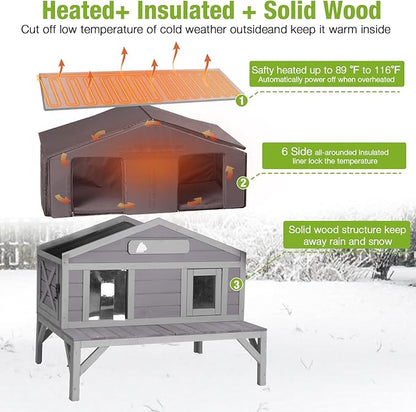 GUTINNEEN Heated Outdoor Cat House Insulated Feral Cat Shelter Weatherproof for Winter with Heater and Insulated Liner, 39.1" L x 31.7" W x 30.4" H, Grey