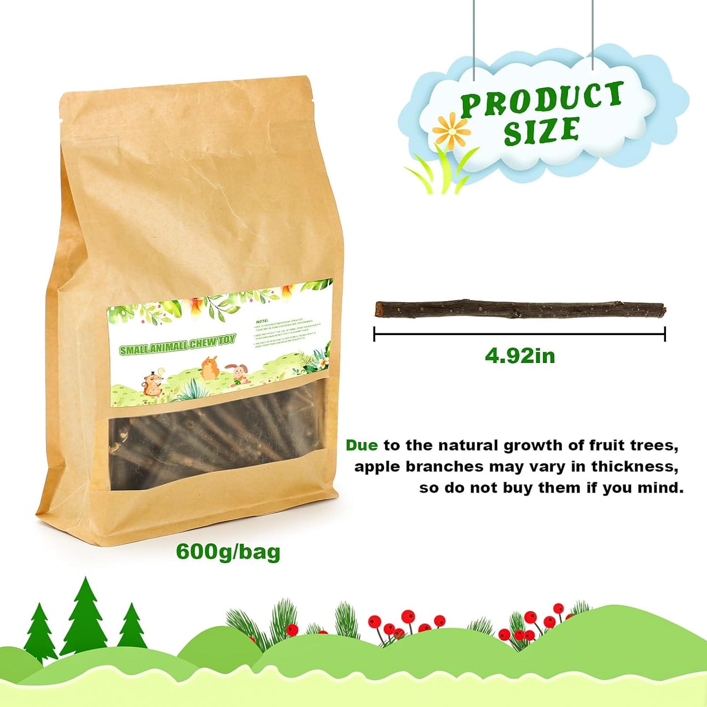 600g/1.3lb Apple Sticks Chew Toys for Guinea Pigs Rabbit Teeth Grinding Treats Toys for Bunny Chinchillas Hamster Gerbil Parrot Small Animal Pet Supplies