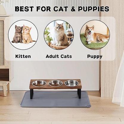 Upgraded Elevated Cat Bowls with Food Mat,15°Tilted Stand Anti Vomiting Raised Cat Dishes for Food and Water,3 Stainless Steel Bowls for Cats and Puppy（Rustic Brown）
