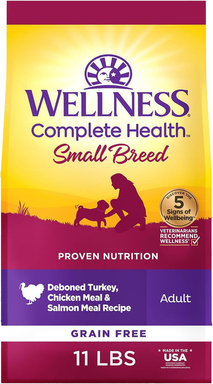 Wellness Complete Health Dry Dog Food, Small Breed, Grain Free, Natural, Turkey, Chicken, & Salmon Recipe (11-Pound Bag)