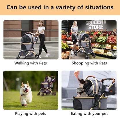 Pettingzoo Dog stroller with 4 Wheels, Folding Cat Stroller for Small/Medium/Large dogs & cats to 60 lbs, pet stroller with removable carrier, Storage BasketCup Holder,3 in1 Multifunctional Detachable