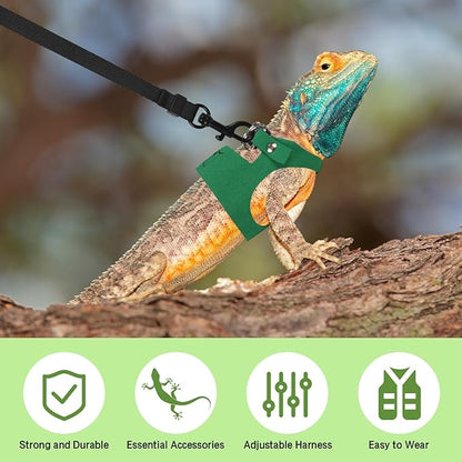 Bearded Dragon Harness Leash Set 3 Size Adjustable Lizards Training Walking Leather Vest Escape-Proof Traction Rope for Outdoor Small Reptiles Animal Squirrels (Green)