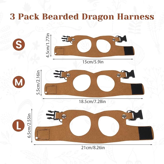 3Pack Bearded Dragon Leash and Harness Set, Bearded Dragon Accessories Clothes Stuff, Adjustable Easy Walk Rat Harness with 6.56 ft, Vest Accessories for Reptile Squirrel Rat Walking (3 Size, Brown)