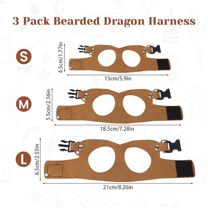 3Pack Bearded Dragon Leash and Harness Set, Bearded Dragon Accessories Clothes Stuff, Adjustable Easy Walk Rat Harness with 6.56 ft, Vest Accessories for Reptile Squirrel Rat Walking (3 Size, Brown)