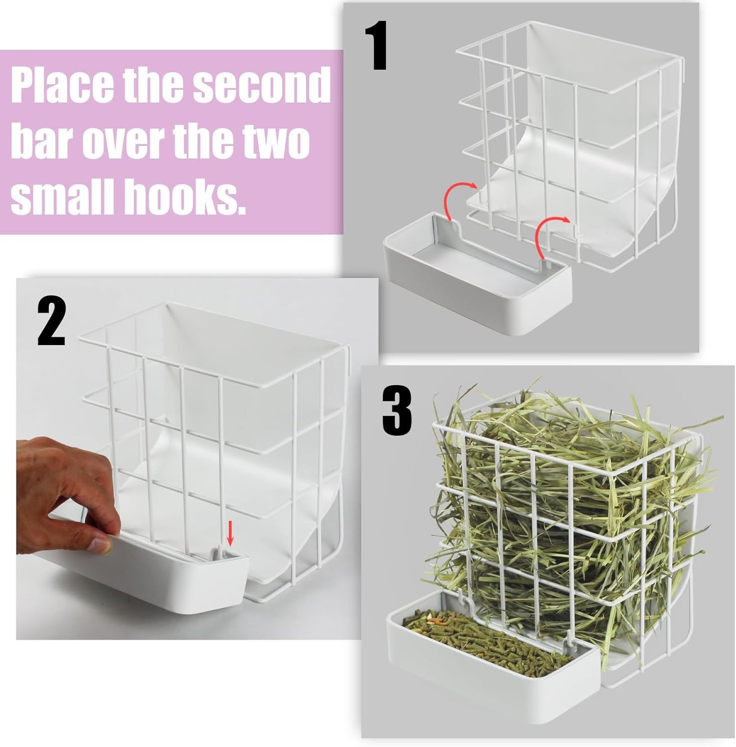 Rabbit Hay Feeder Guinea Pig Hay Feeder, Hay and Food Holder with Hook Heavy-Duty Metal Frame Hay Rack，for Bunny, Guinea Pigs,Chinchillas， Comes with Two Multifunctional Zippers-6.8x6.7x6.6inch