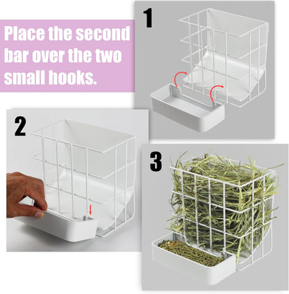 Rabbit Hay Feeder Guinea Pig Hay Feeder, Hay and Food Holder with Hook Heavy-Duty Metal Frame Hay Rack，for Bunny, Guinea Pigs,Chinchillas， Comes with Two Multifunctional Zippers-6.8x6.7x6.6inch