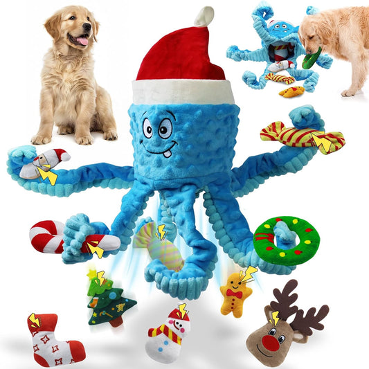 Squeaky Dog Toys, Christmas Octopus Dog Toy with 10 Pcs Small Dog Toy, Interactive Tug of War Dog Plush Toy, Crinkle Dog Toy Plush Dog Toys (Blue)