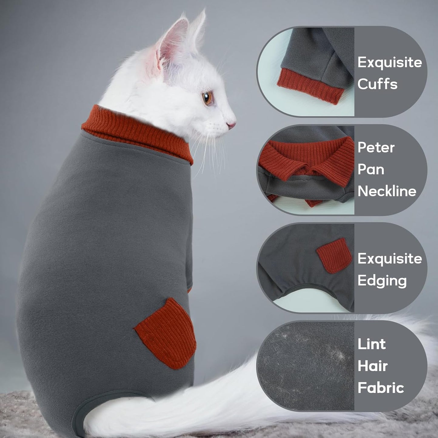 QBLEEV Cat Pajamas for Cats Only, Sticky Hair Cat Clothes, Cat Onesie for Cats After Surgery Female Male, Surgical Cat Recovery Suit Full Bodysuit, Long Sleeve Cat Shirts Outfits to Prevent Licking