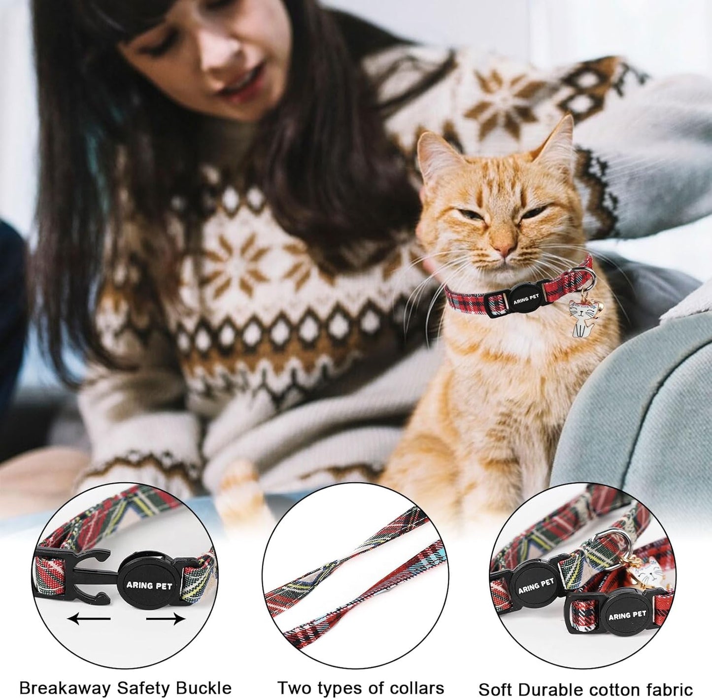 ARING PET 2 Pack Christmas Cat Collars-Cute Cat Collar Breakaway with Bell&Pendant, Cotton Christmas Plaid Kitten Collars with Safety Buckle for Girl and Boy Cats