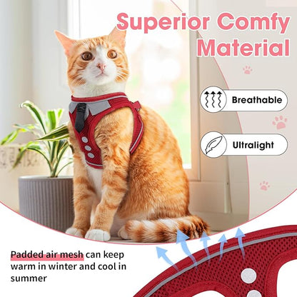Cat Harness and Leash Set for Walking Escape Proof, Soft Adjustable Kitten Harness Breathable Mesh with Reflective Strips Harness for Kitty Puppy Bunny(Red,XS)