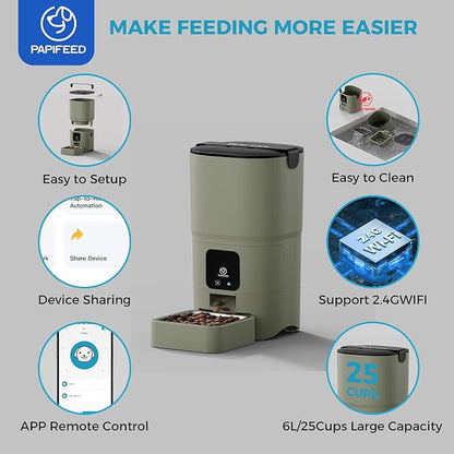PAPIFEED Automatic Cat Feeder Upgrade, Smart Cat Feeder 6L - APP/Alexa Control, Dual Power Supply, Anti-chewing Cord, Stainless Steel Bowl, Anti-chewing Design for Cats and Small/Medium Dogs (Greener)