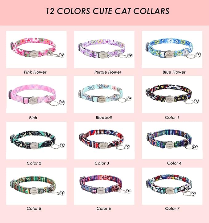 Personalized Breakaway Cat Collar with Bell - Name and Phone Number Engraved for Boys and Girls Kitten (Floral)