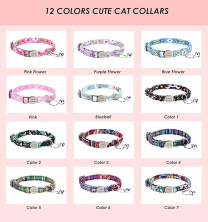 Personalized Breakaway Cat Collar with Bell - Name and Phone Number Engraved for Boys and Girls Kitten (Floral)