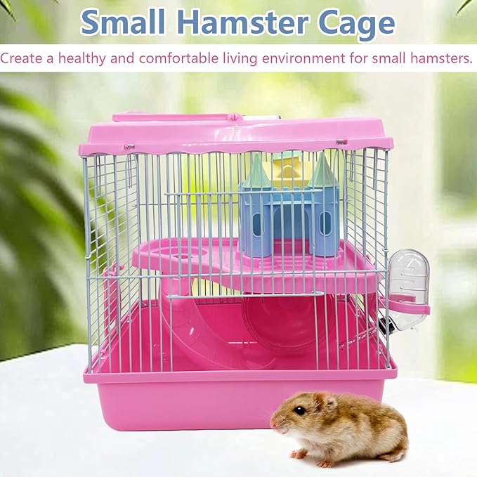 Tfwadmx Hamster Carrier, Dwarf Hamster Travel Cage, Portable Cages with Water Bottle, Gerbil Travel Carry Case Outdoor Vacation House for Small Mice(Pink,10.6”x8”x11.4”)