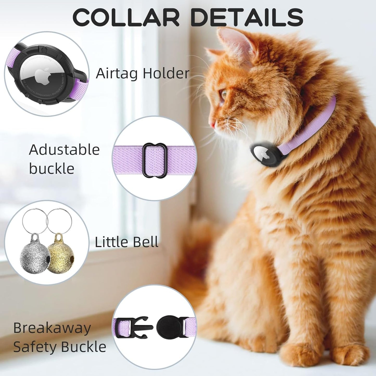 AirTag Cat Collars, Stretchy Collar with Apple AirTag Holder and Bell, Breakaway Ultra Design Elastic GPS Tracking Collars for Cats and Puppies, (7.5-12.5 Inch), Purple