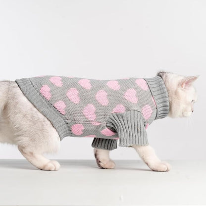 KOOLTAIL Cat Sweater Turtleneck- Soft Knit Cat Sweaters for Cats Only, Heart Love Pattern Thick Warm Cold Weather Clothes, Valentine's Day Pet Outfit for Small Medium Large Size Kitten Puppy Grey M