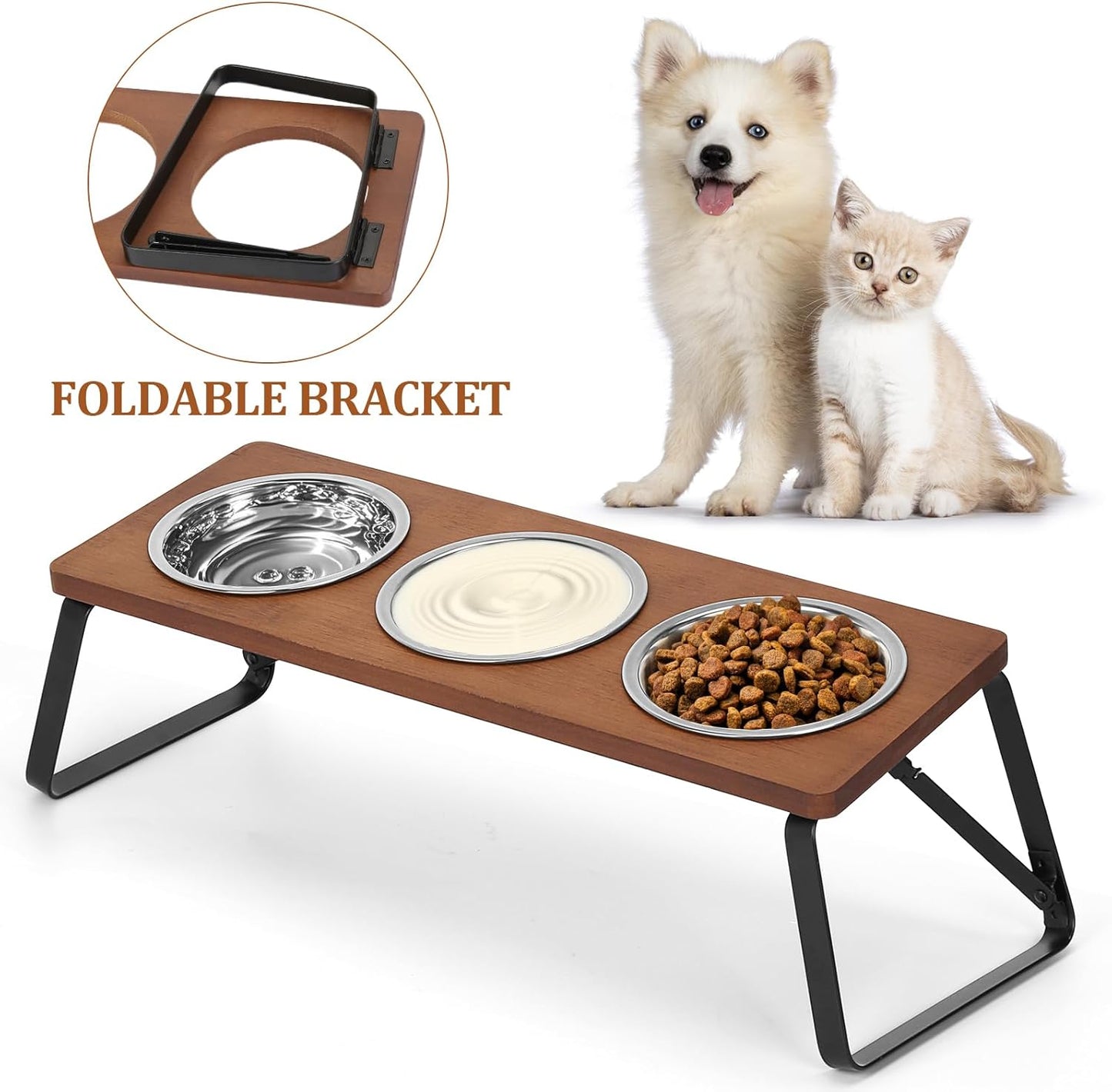 Foldable Raised Cat Bowls Holder 3 Stainless Steel Dog Cat Feeder 12 °Tilt Elevated Pet Water Food Bowls for Cats Puppies Rabbits
